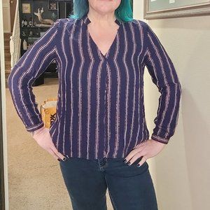 Jennifer Lopez Navy and Pink Sparkle Striped Popover Shirt size Medium